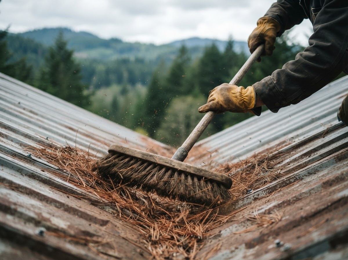 Homeowner wearing work gloves sweeping dry pine needles out of a metal roof valley.