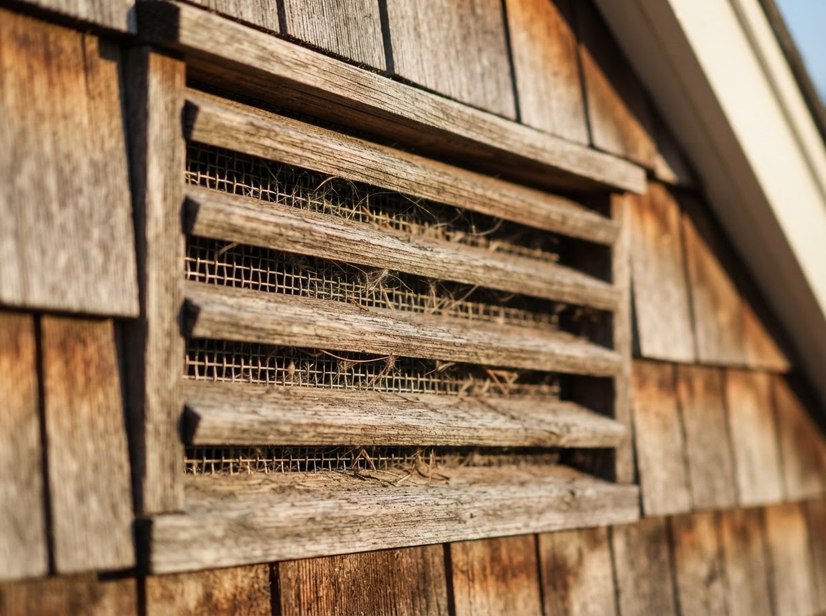 Close-up of fine stainless steel eighth-inch mesh installed behind an exterior soffit vent on a home.
