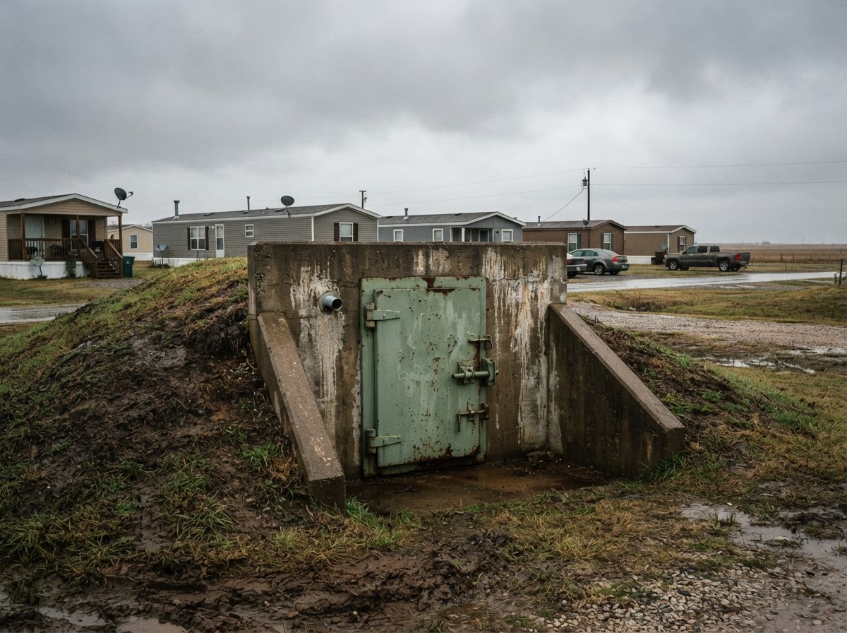 A reinforced concrete underground storm shelter with a heavy steel door near a residential park.