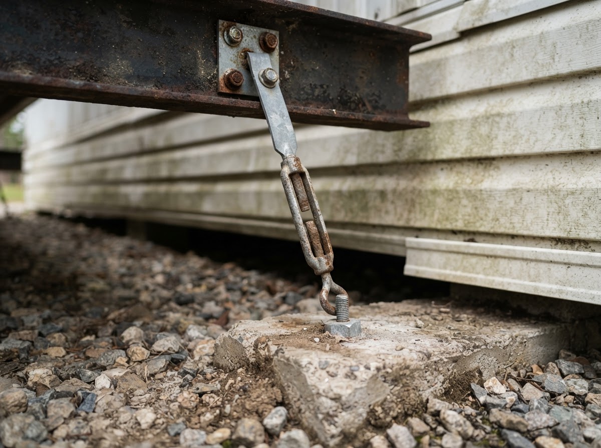 Heavy-duty steel tie-down straps anchored to the foundation frame of a manufactured home.
