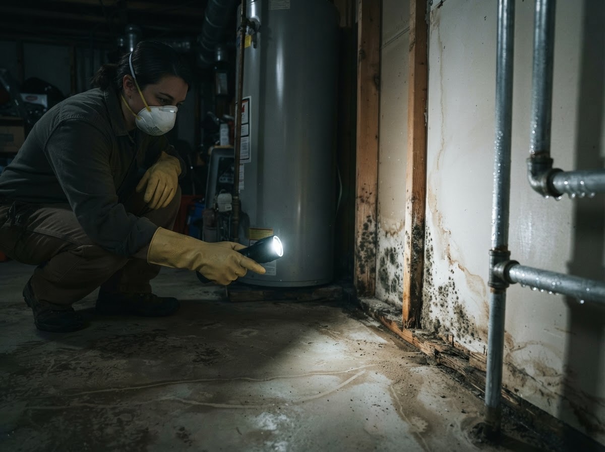 Homeowner wearing an N95 mask inspects dark mold growth spreading along wooden wall framing in a damp utility room.
