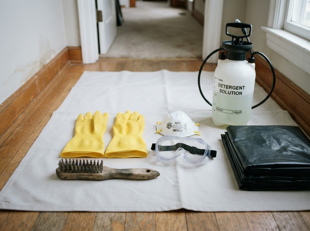 Personal protective equipment including an N95 respirator, rubber gloves, goggles, and cleaning brushes staged for flood cleanup.