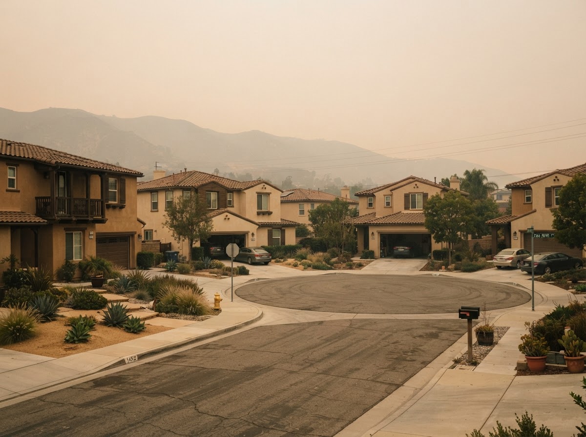 Suburban hillside neighborhood in California featuring tile roofs and drought-tolerant landscaping under a hazy sky.