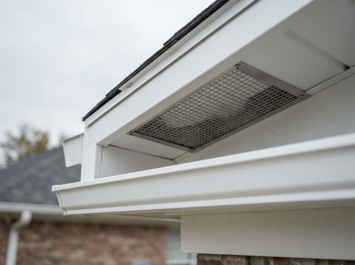 Fine metal mesh ember screen installed beneath an exterior house eave next to a cleared rain gutter.