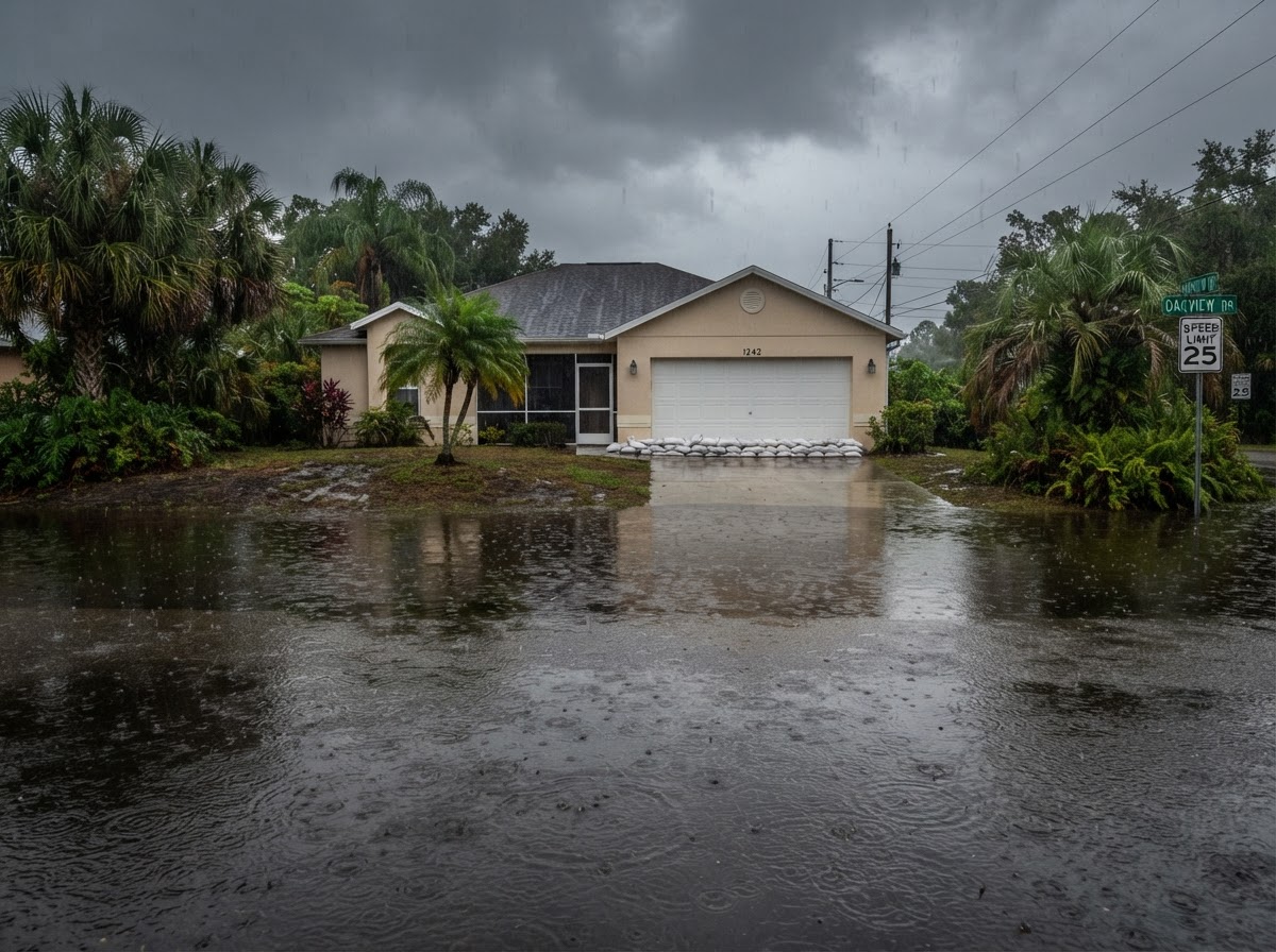 Suburban Florida street flooded after heavy rainfall with sandbags protecting a home garage.