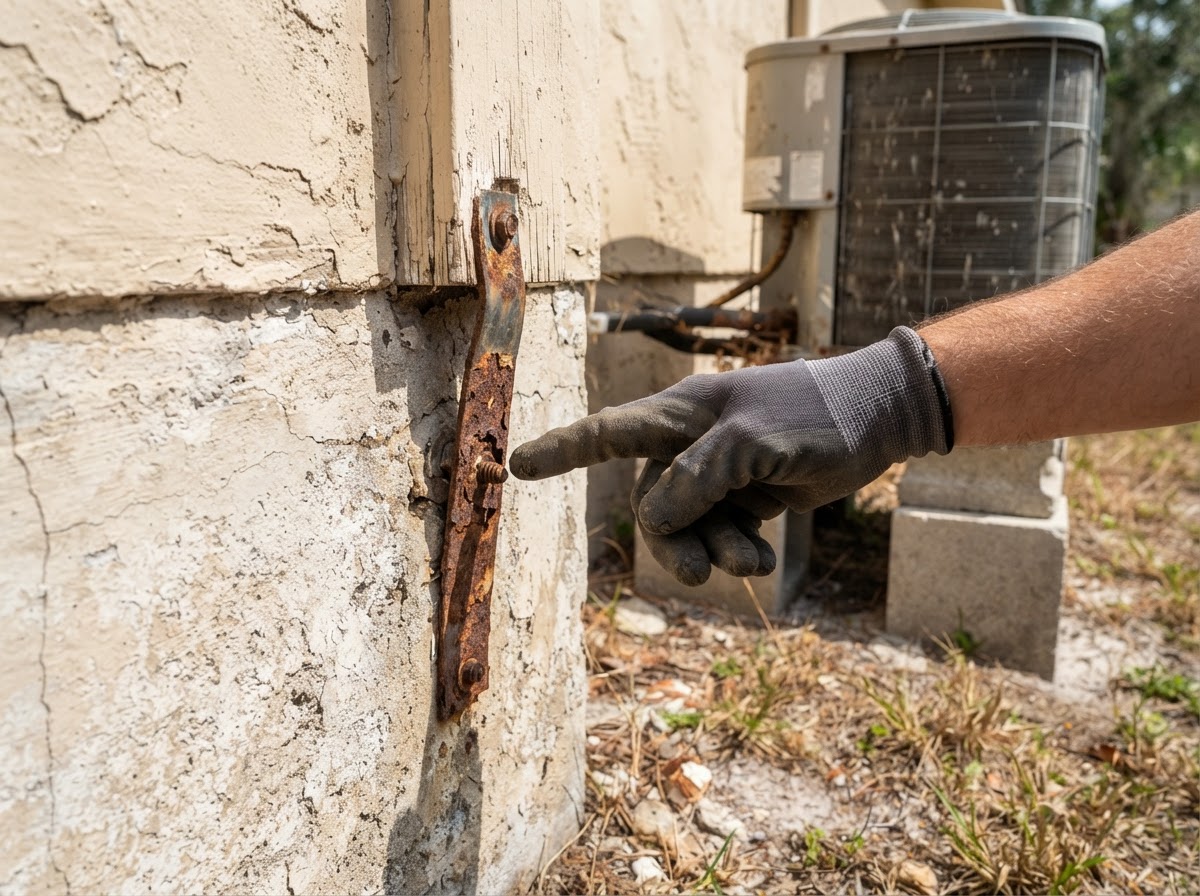 Air conditioning unit raised on concrete blocks alongside hurricane straps on a Florida home foundation.