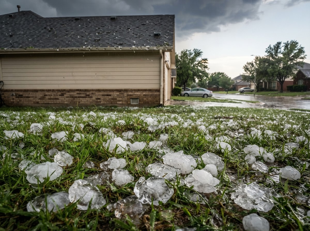 Hailstones scattered across a residential lawn near an asphalt roof in North Texas after a storm.