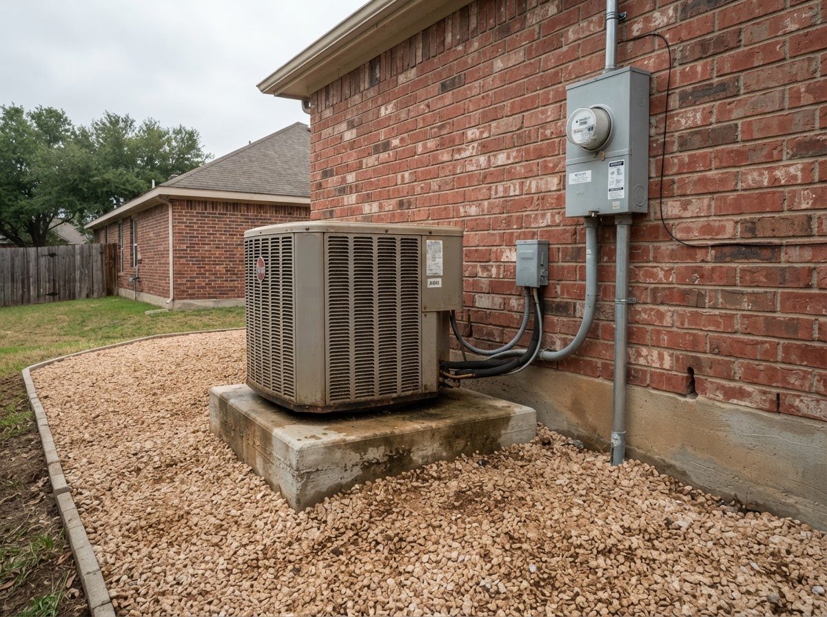 Air conditioning condenser and home utility connections elevated on a concrete slab beside a Texas house.
