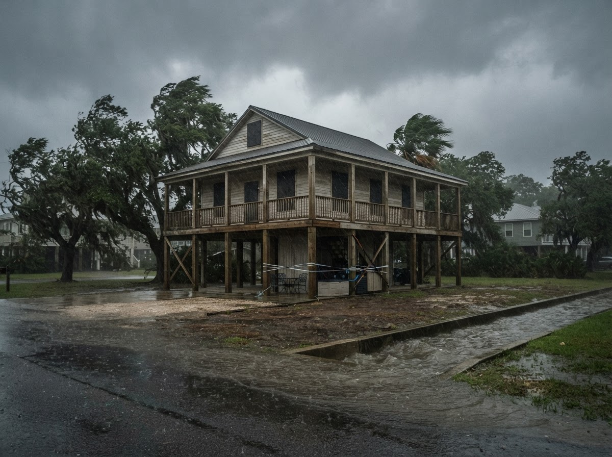 Raised Gulf Coast home prepared for hurricane winds and possible flooding as a tropical storm approaches.