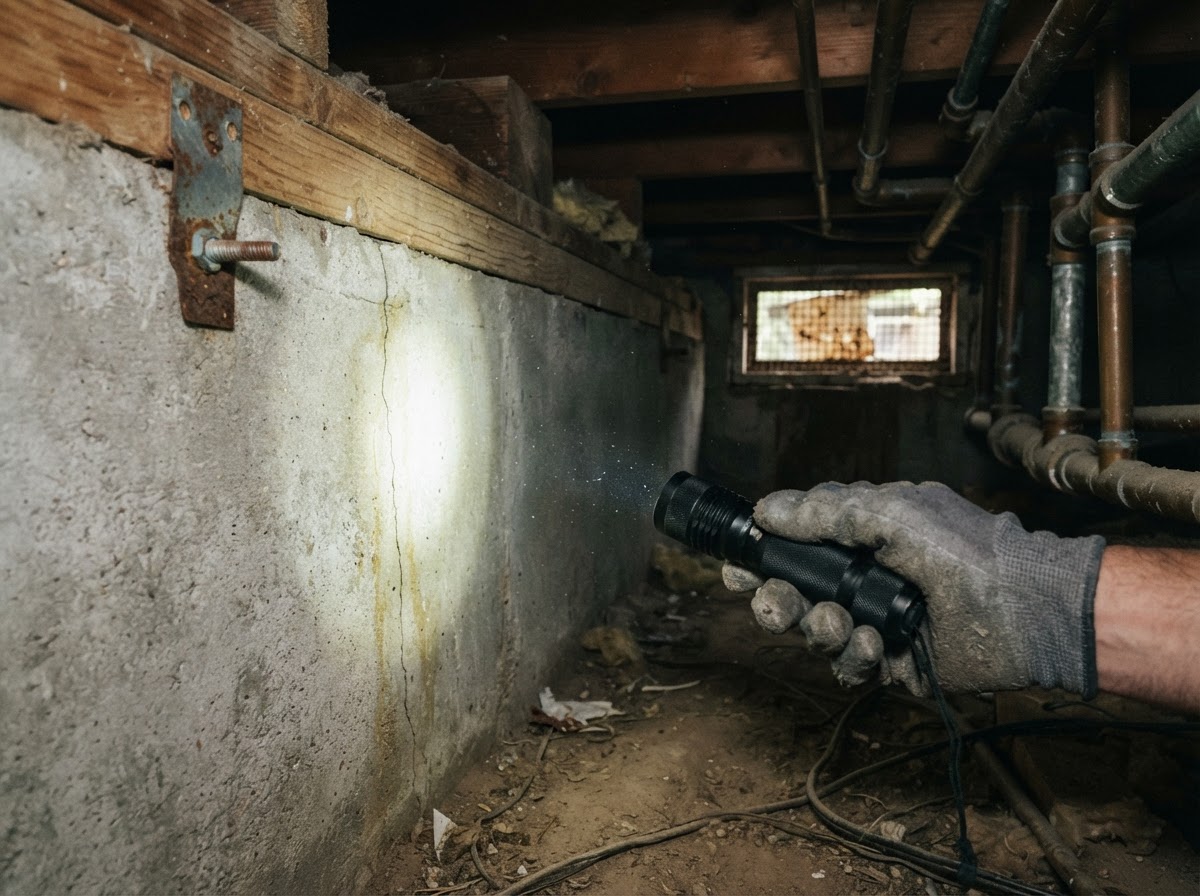 Inspector checking a California home crawlspace for foundation cracking, water stains, and structural connections before purchase.