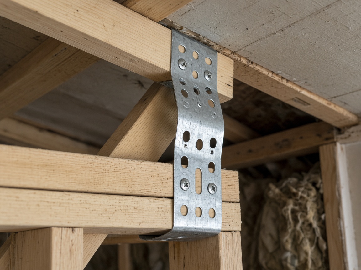 Galvanized hurricane straps tying a roof truss to a wall plate in a newer attic