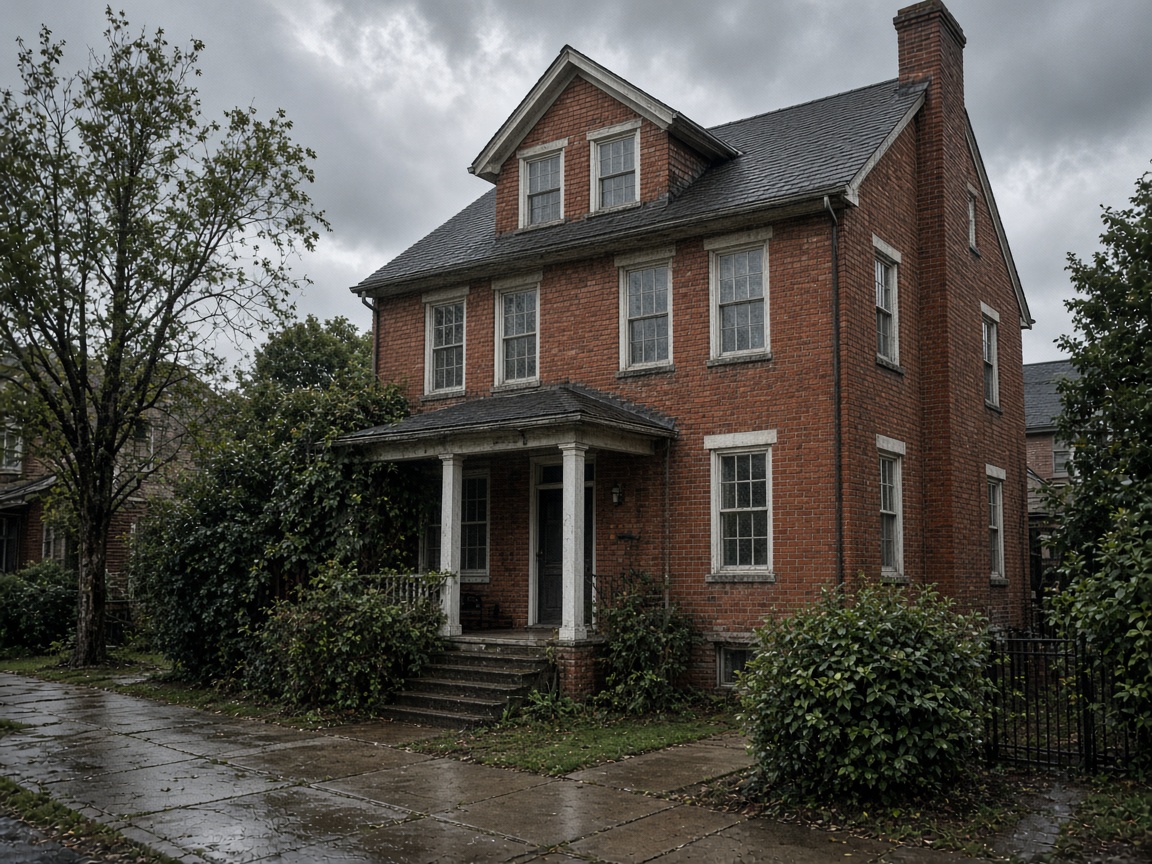 Older brick American house with original windows after a rainstorm