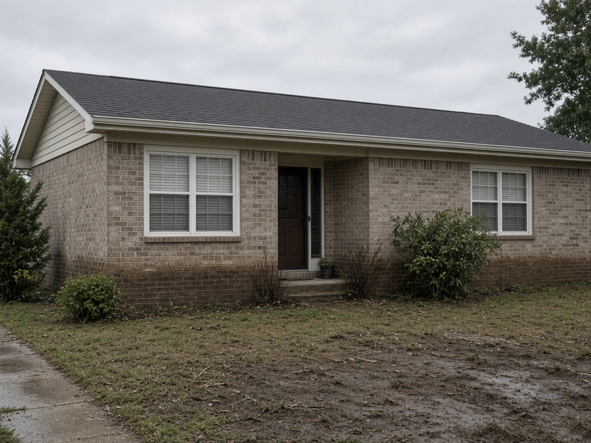 High-water stain on the brick foundation of a modest ranch house