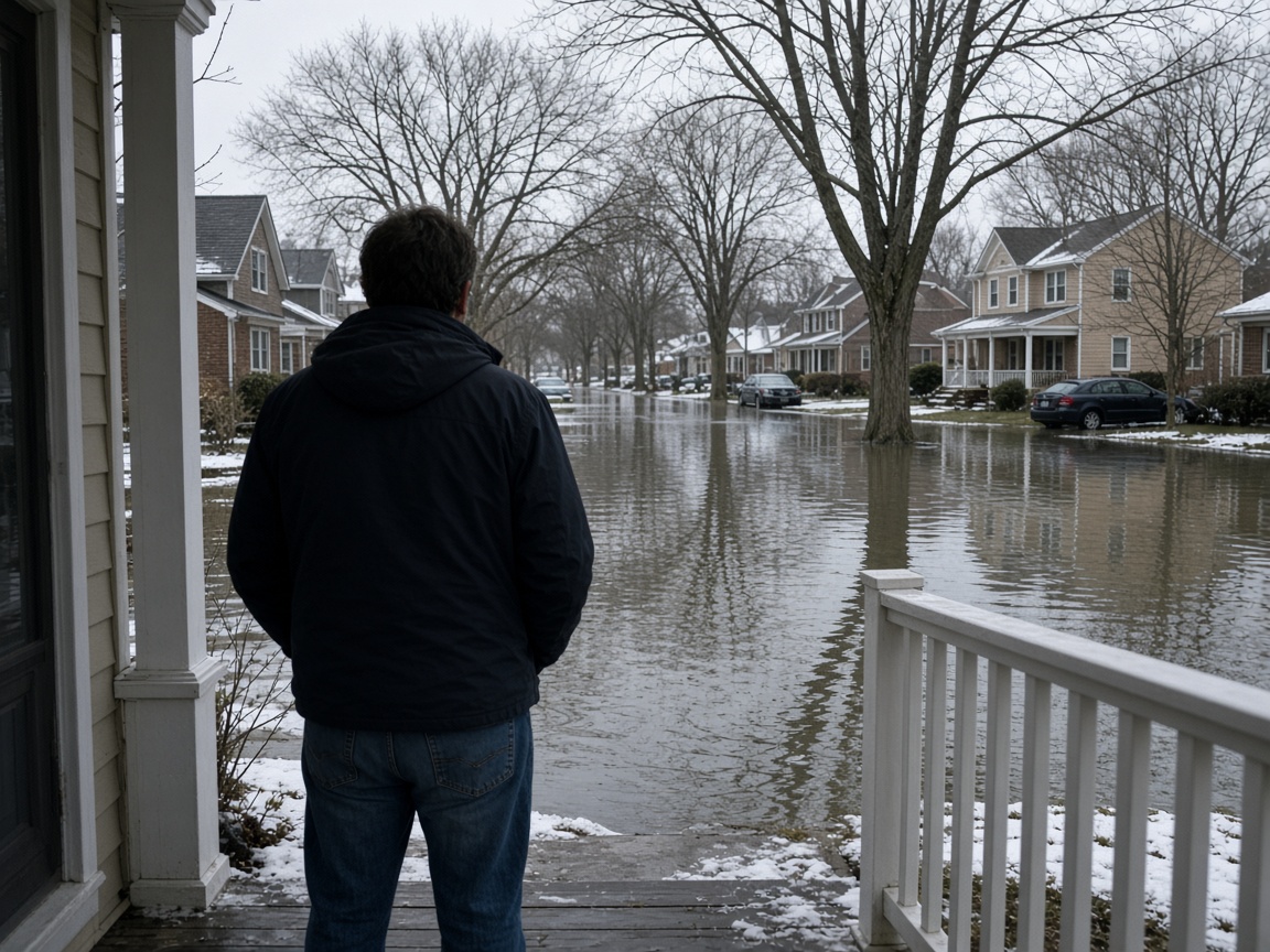 Homeowner on a porch looking at a flooded suburban street in winter