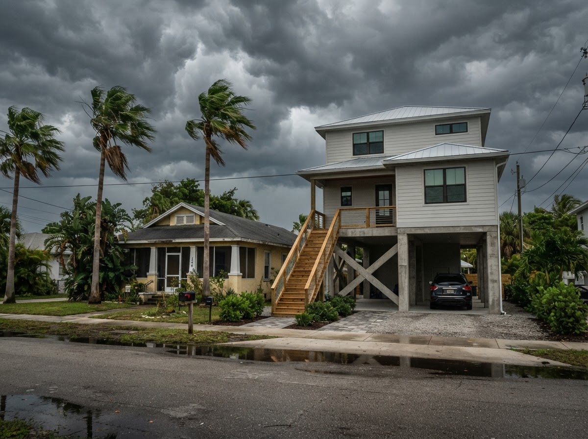 Two neighboring Florida homes showing a raised foundation next to an older ground-level structure.