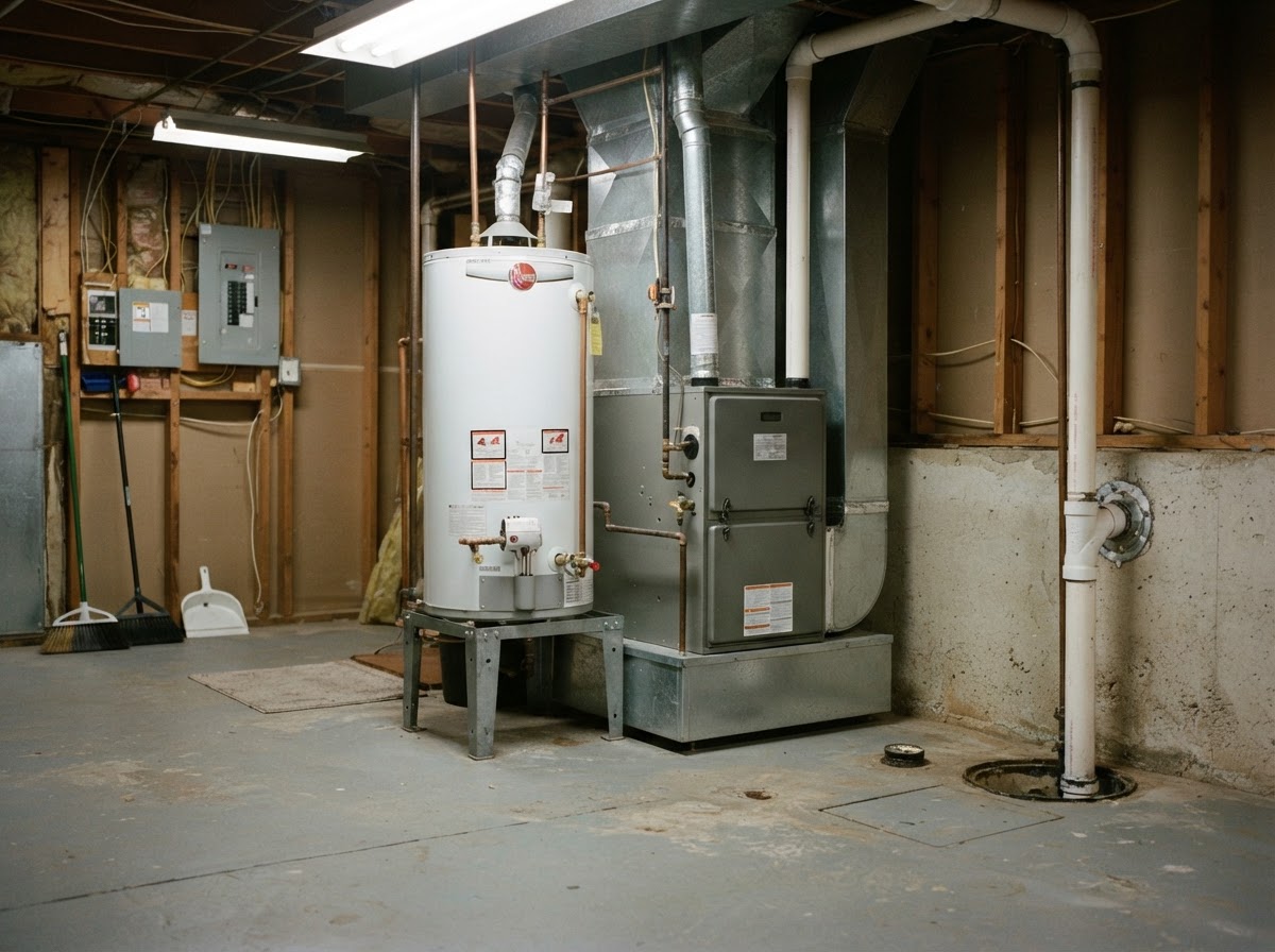 Water heater and HVAC equipment elevated off a concrete basement floor on steel risers.
