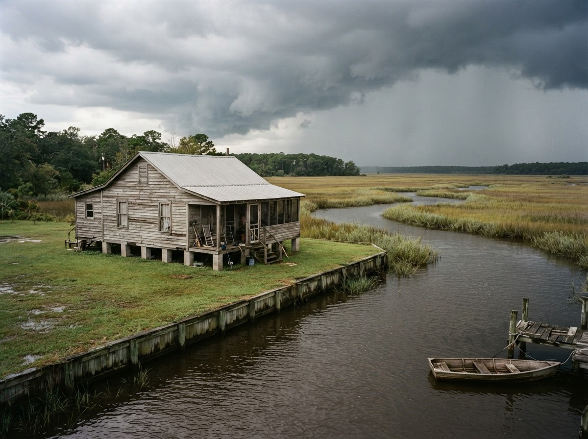 Raised coastal home in North Carolina with a rising tidal creek threatening the backyard grass during an incoming storm.