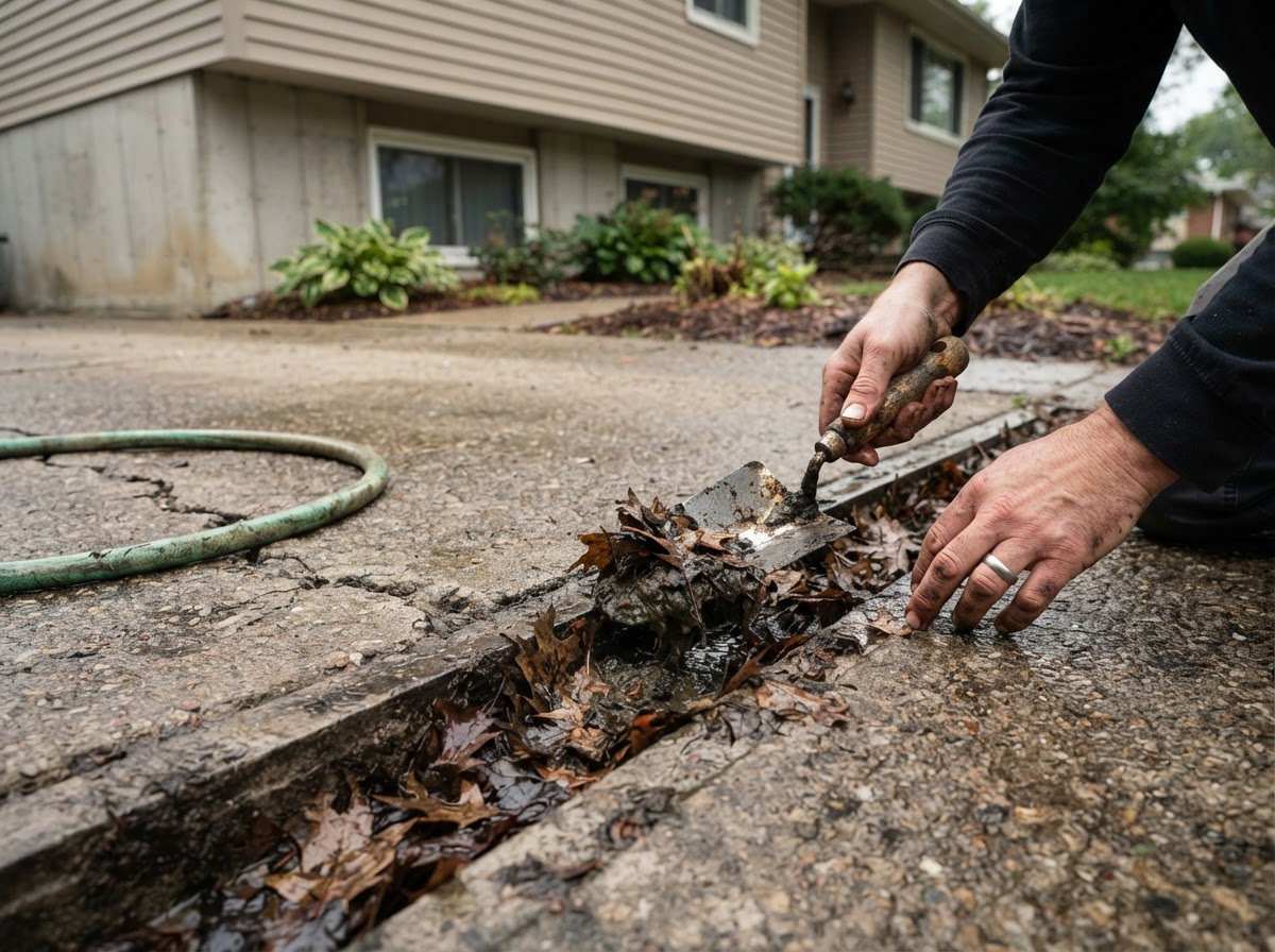 Homeowner clearing leaves and mud out of a residential driveway drain next to a concrete foundation.