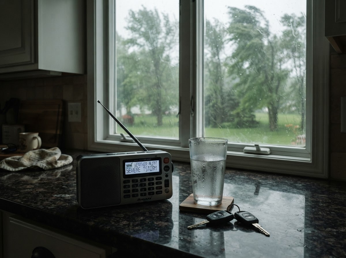 Standby weather radio on a kitchen counter as heavy rain lashes against the window outside.