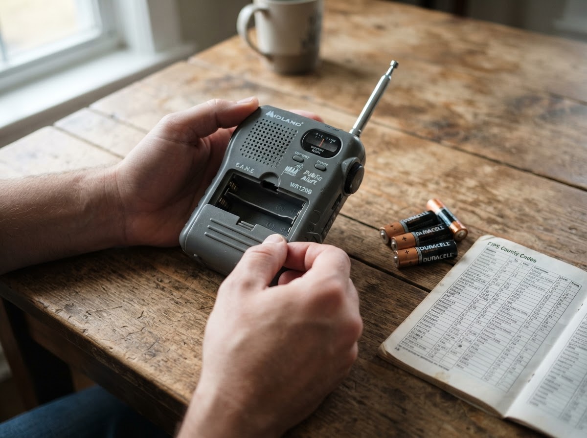 Hands loading backup alkaline batteries into the compartment of a portable emergency weather radio.