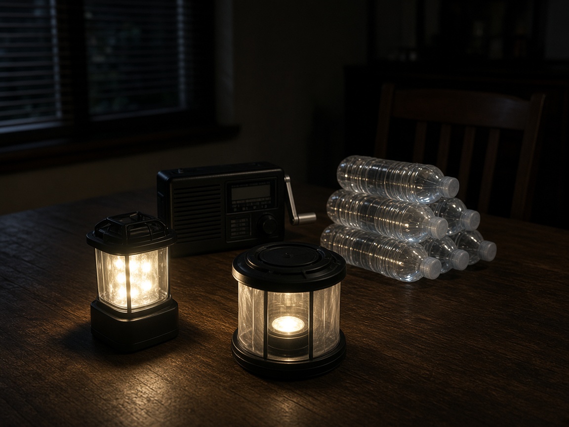 Battery lanterns, hand-crank radio, and bottled water on a dining table