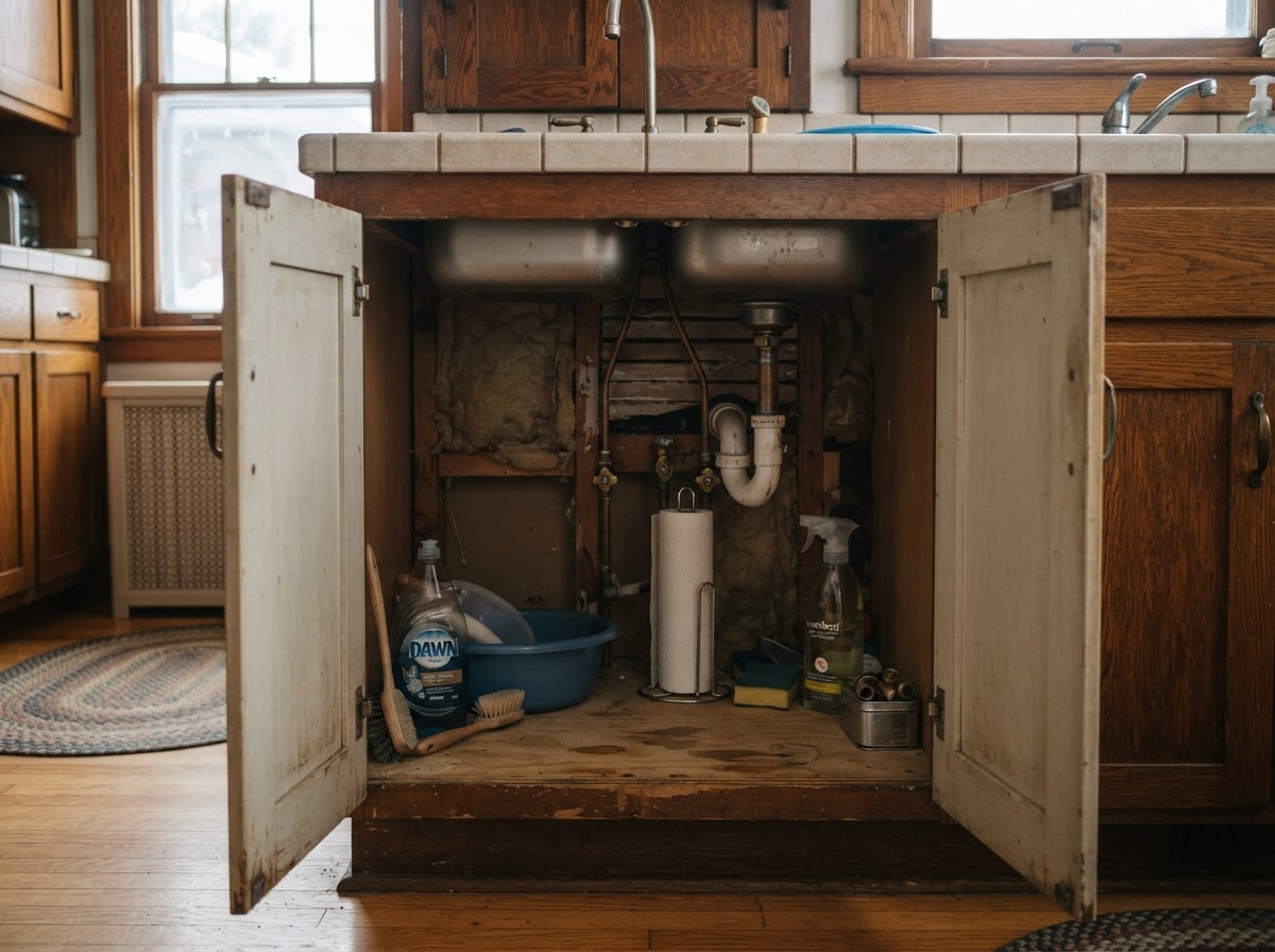 Open kitchen cabinet doors showing exposed copper water supply pipes to let warm air circulate.