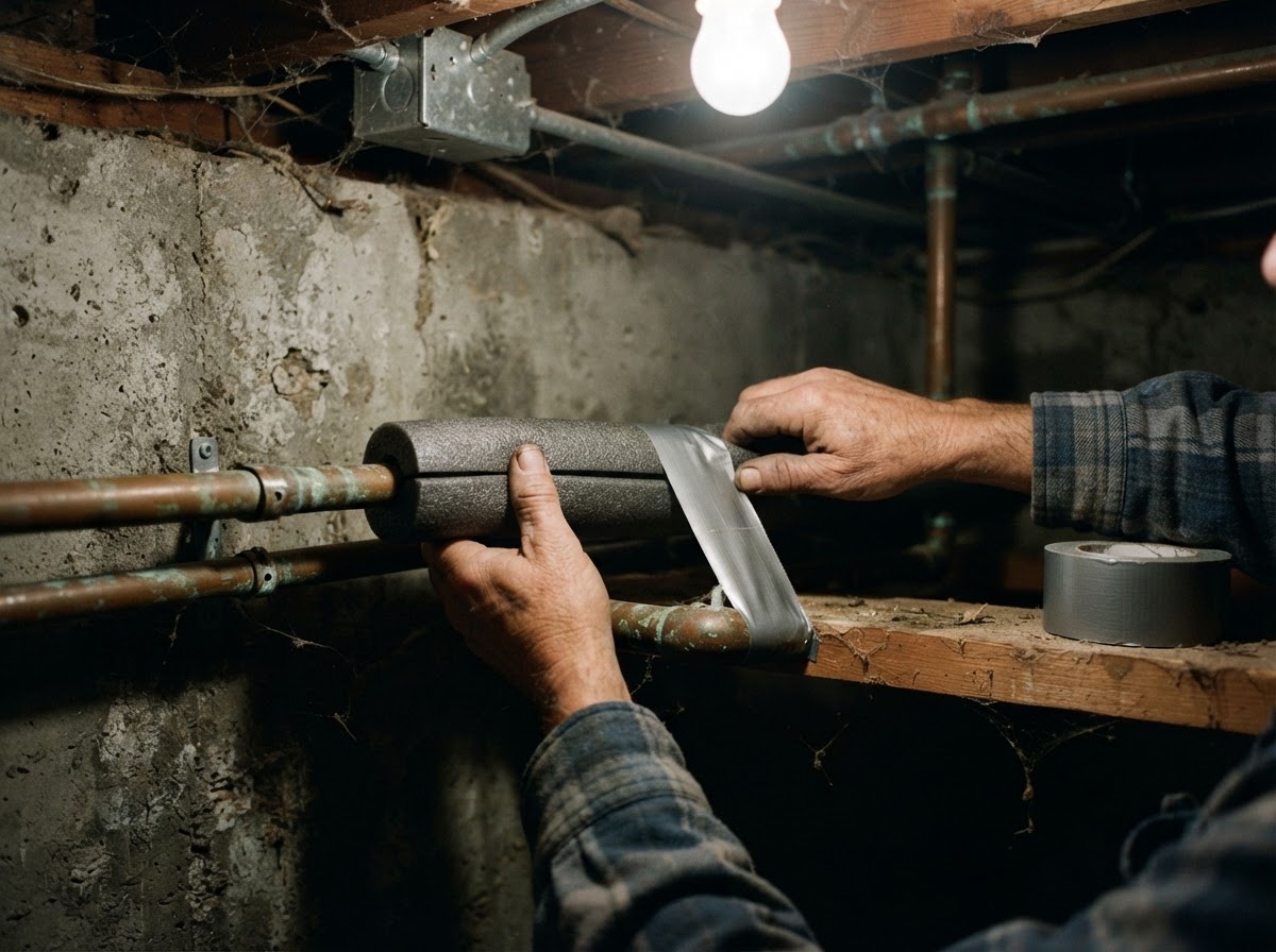 Hands applying foam sleeve insulation along exposed residential copper plumbing lines in a basement.