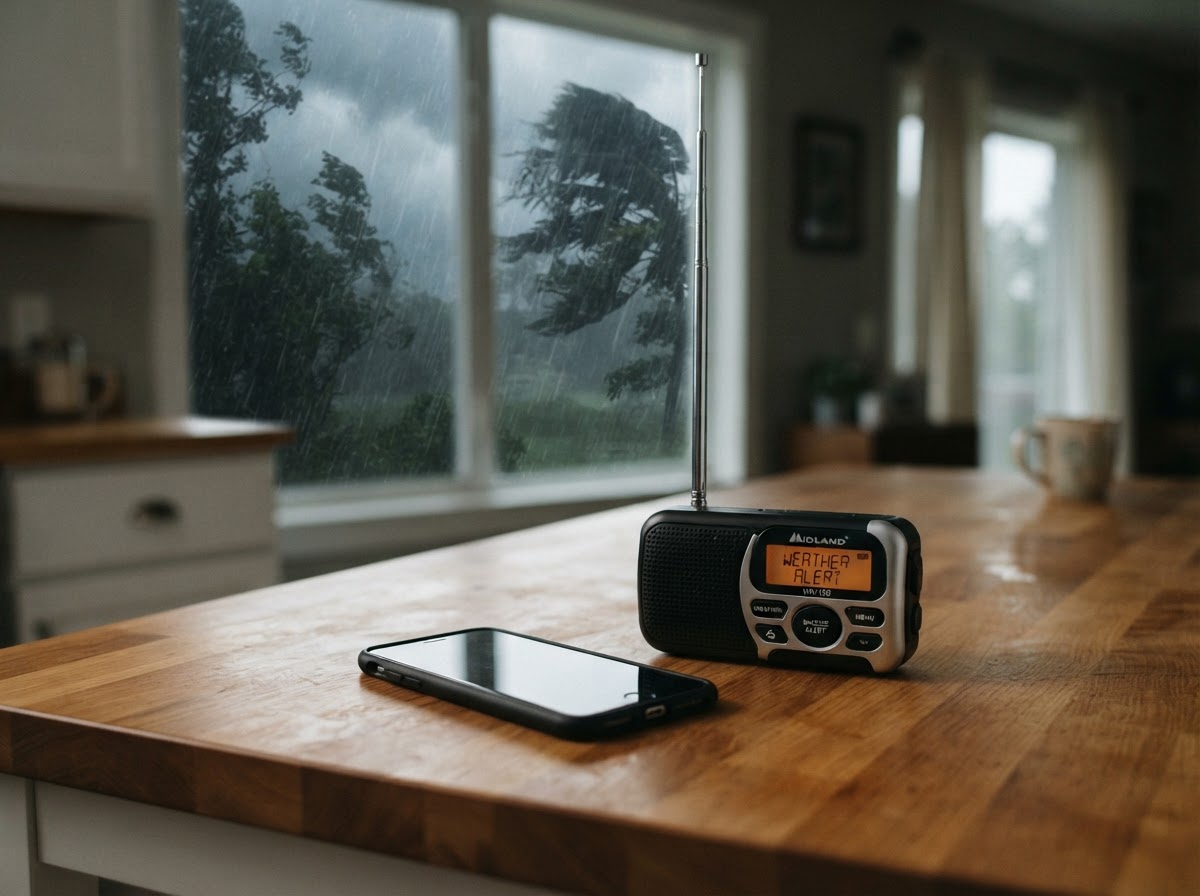 Smartphone and battery-operated emergency weather radio resting on a kitchen counter during a rainstorm.