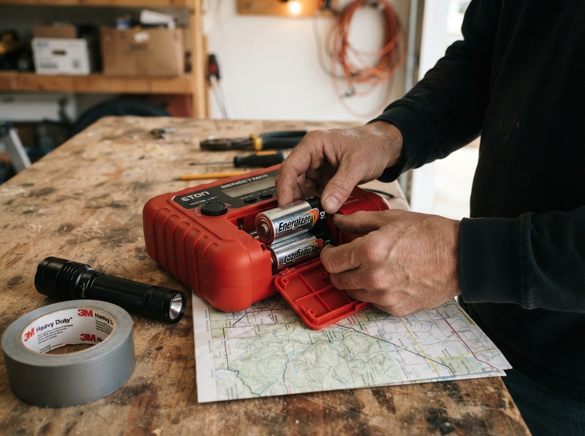 Hands loading fresh batteries into a portable emergency radio beside storm preparedness supplies.