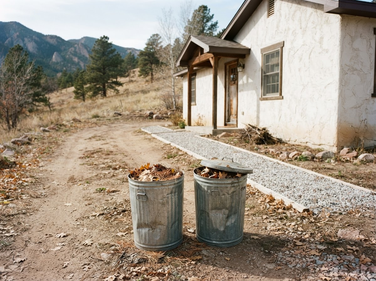 Cleared five-foot defensible space buffer around a stucco house foundation showing clean gravel and metal trash bins.
