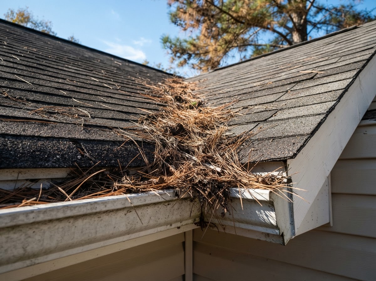 Dry pine needles and leaves trapped along the roof valley and gutter of a residential home.