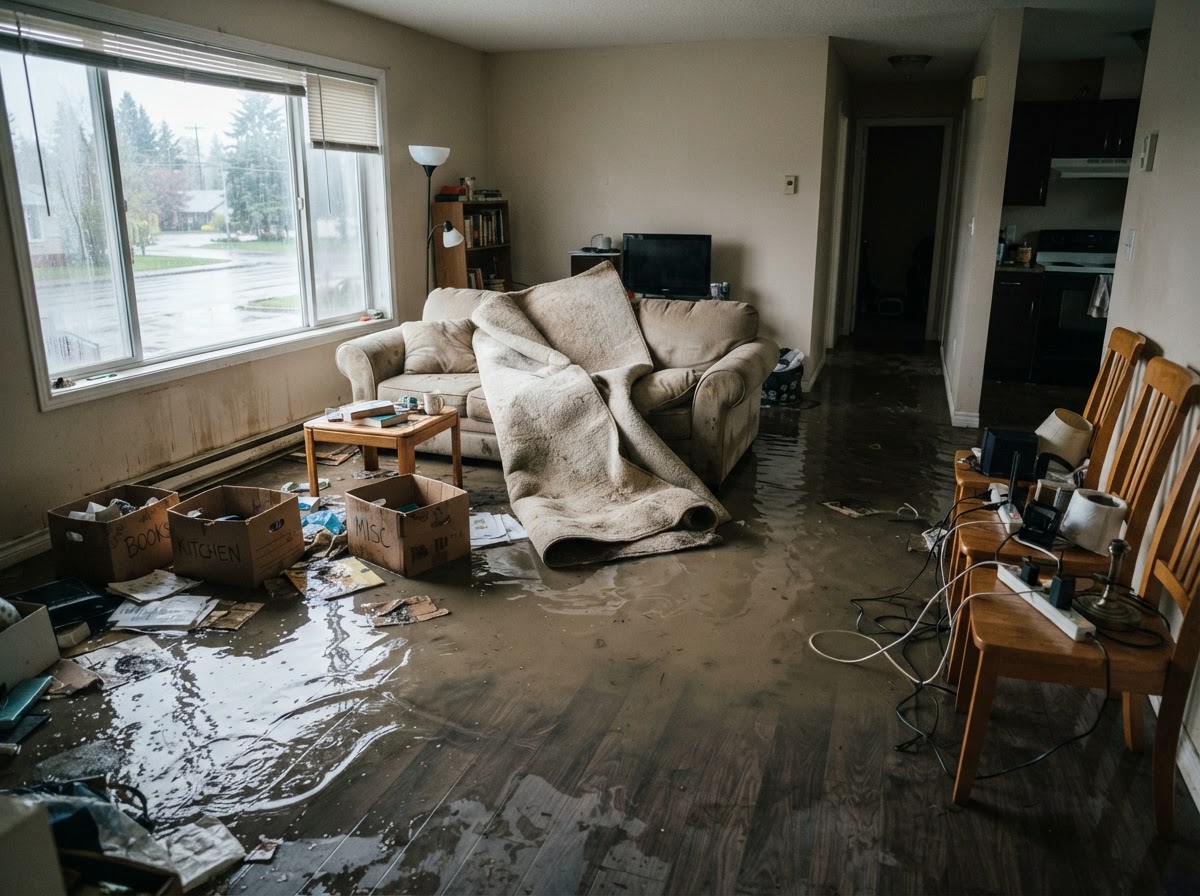 Ground floor apartment living room with shallow floodwater pooling across the floor and furniture moved to higher ground