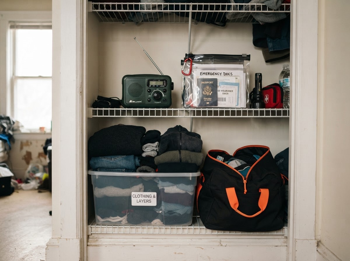 Rental closet packed with waterproof bins and emergency preparedness supplies on upper shelves