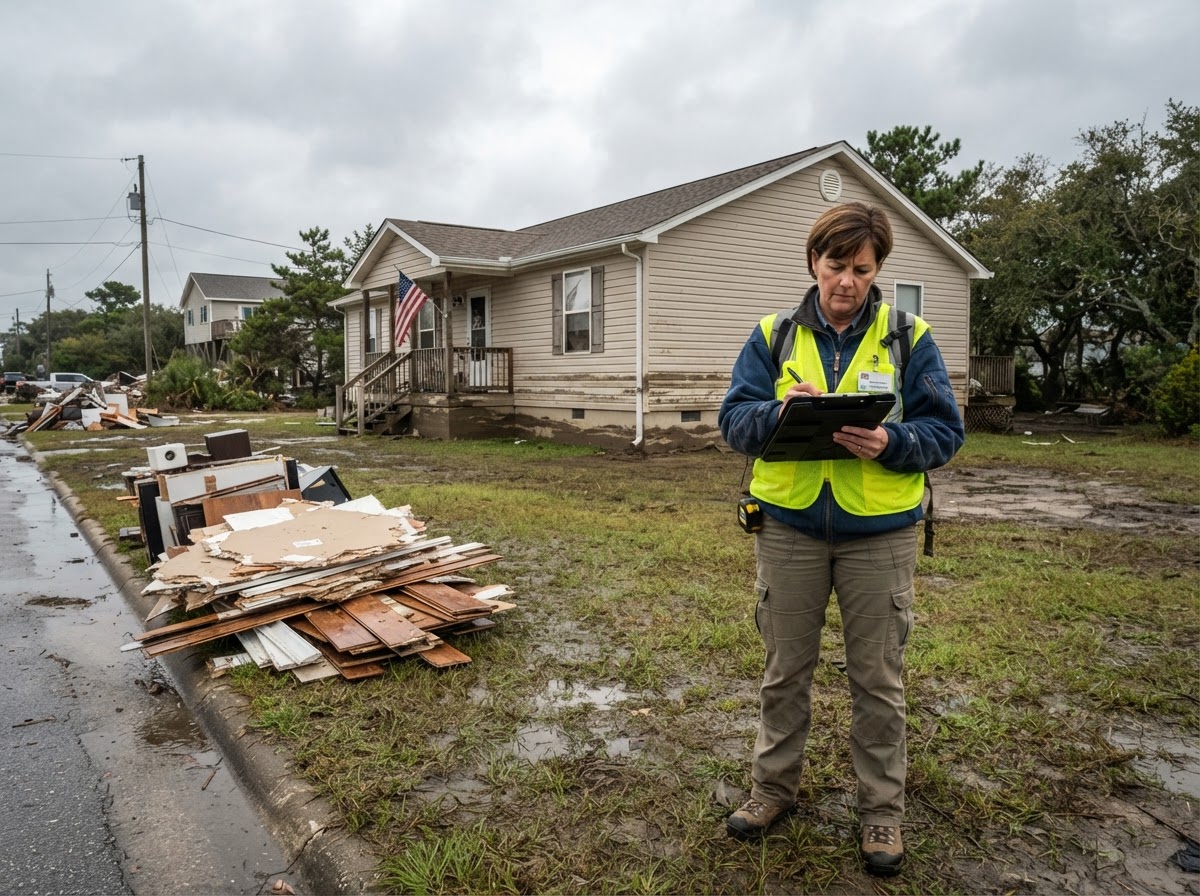 Insurance adjuster documenting exterior flood line damage on a coastal North Carolina home.