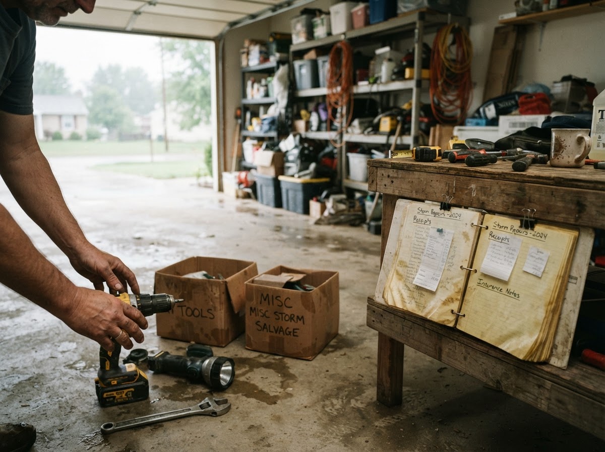 Homeowner organizing salvaged belongings and a home inventory binder in a garage after a disaster.