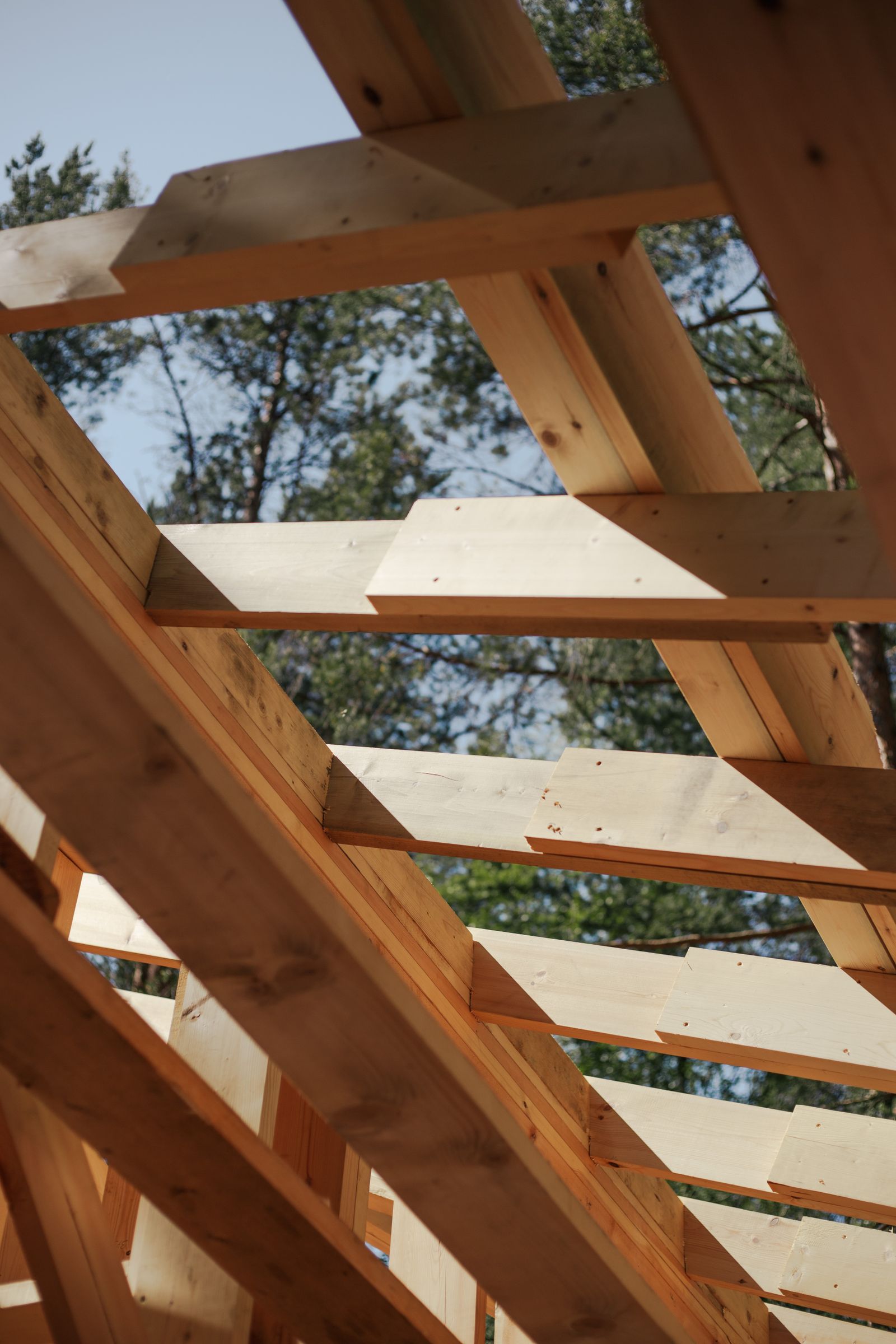 Close-up of wooden roof beams and rafters forming a house roof structure against the sky