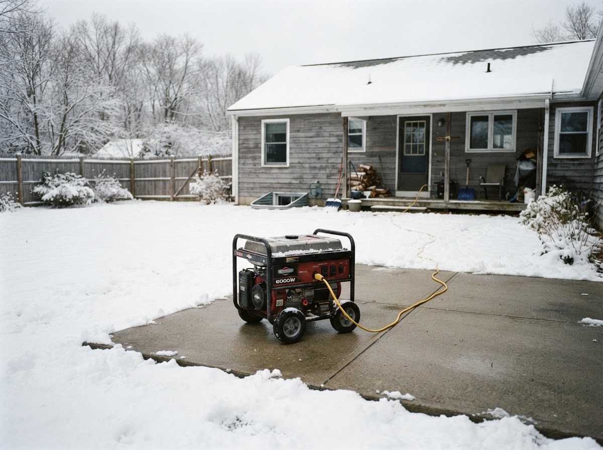 Portable backup generator running outdoors on a cleared patio safely positioned far from house windows and doors.