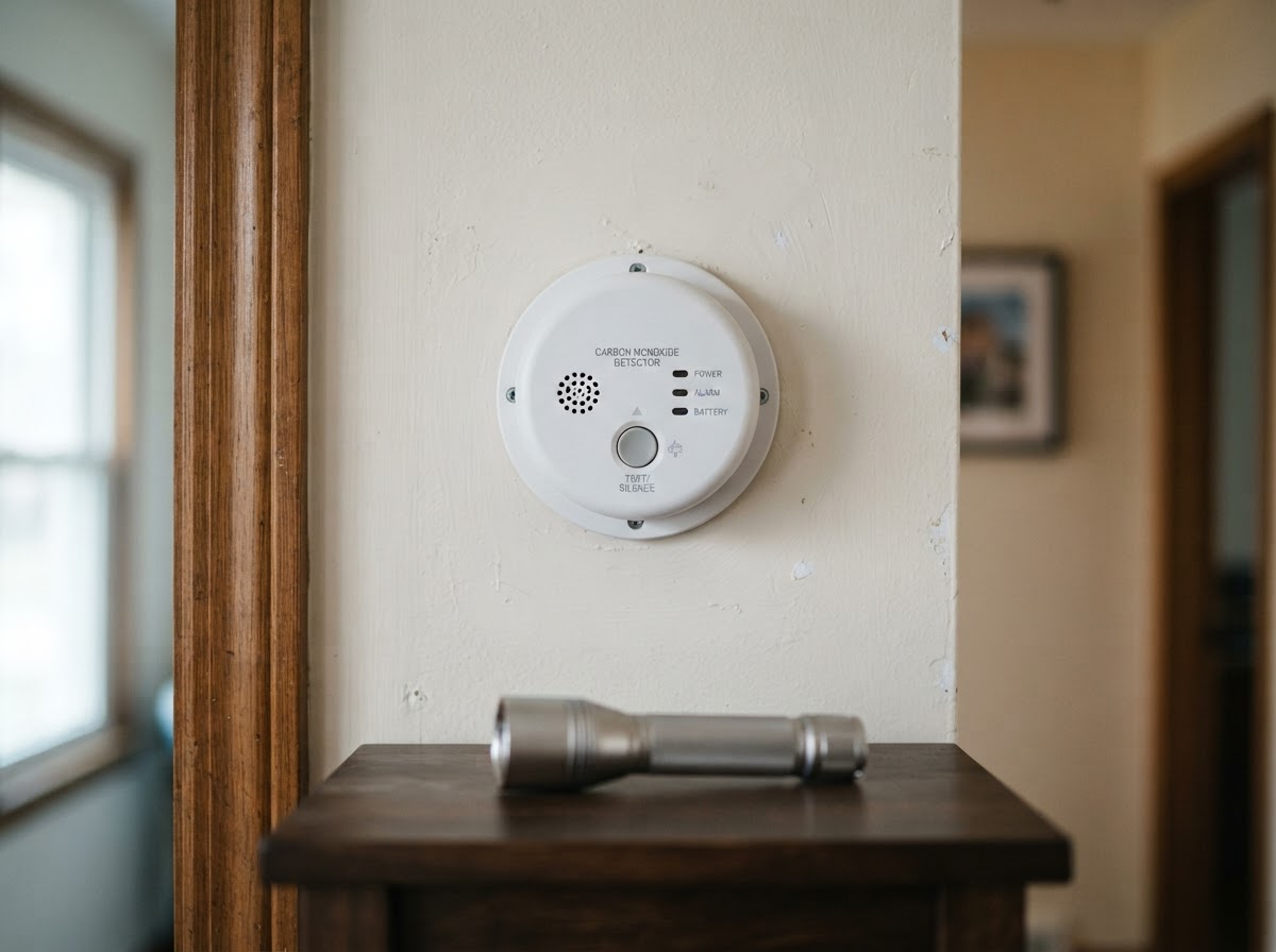 Battery-powered carbon monoxide detector mounted on a hallway wall inside a home during winter.