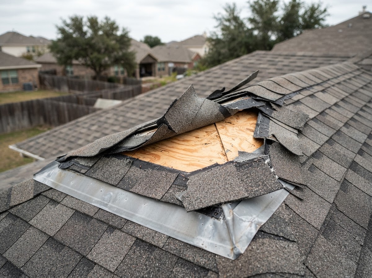Damaged asphalt roof shingles peeled back along the eaves after straight-line wind gusts.