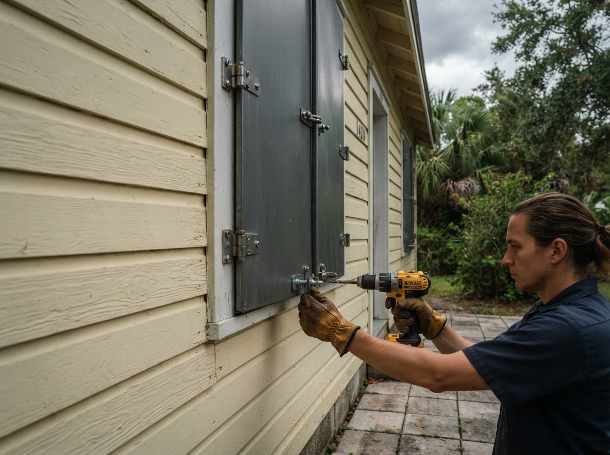 Homeowner checking exterior storm shutter latches on a residential home before high winds.