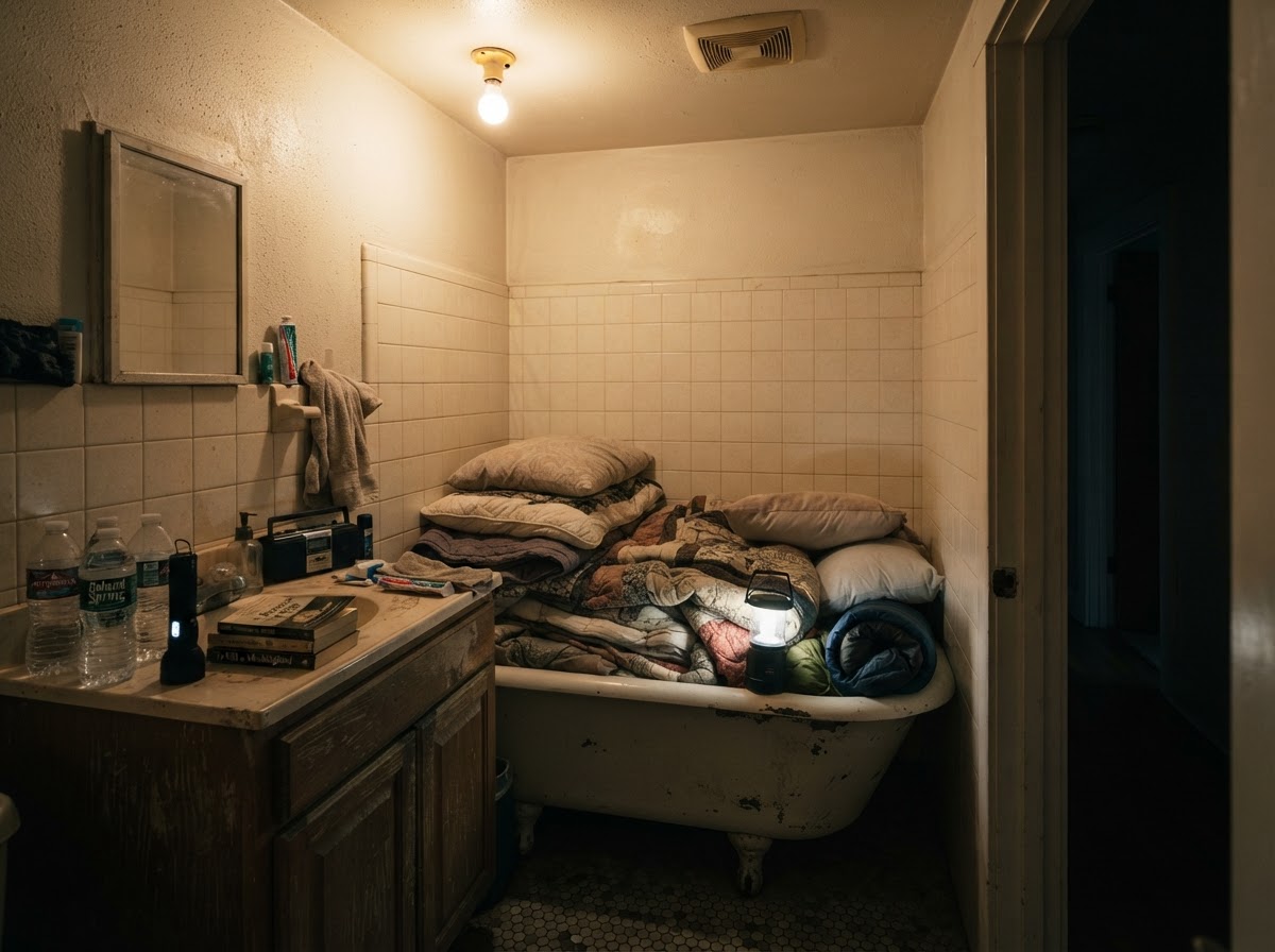 Windowless interior bathroom prepared for tornado shelter with heavy blankets in the bathtub.