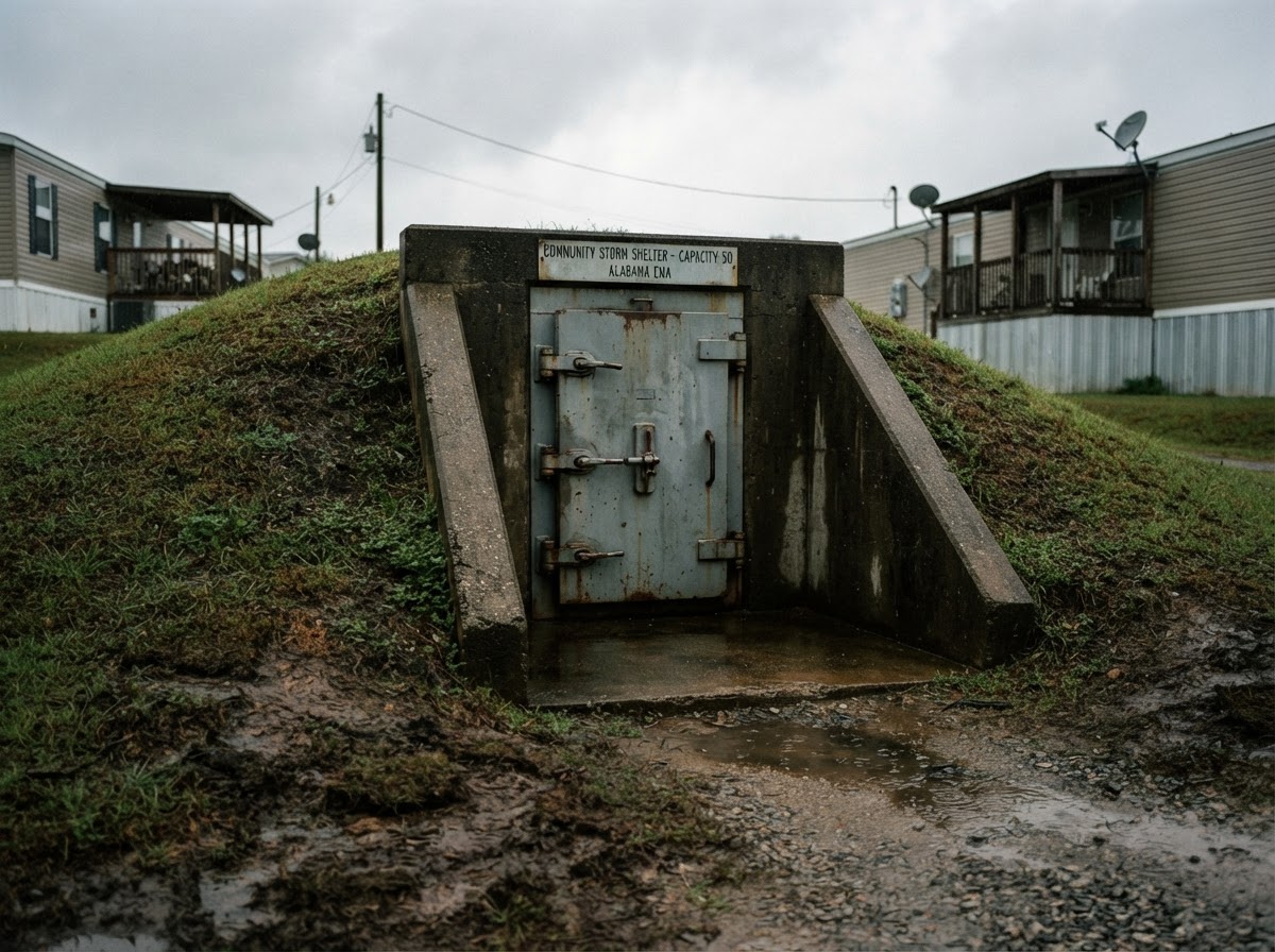 Reinforced concrete community storm shelter set into an earth berm at a mobile home park.
