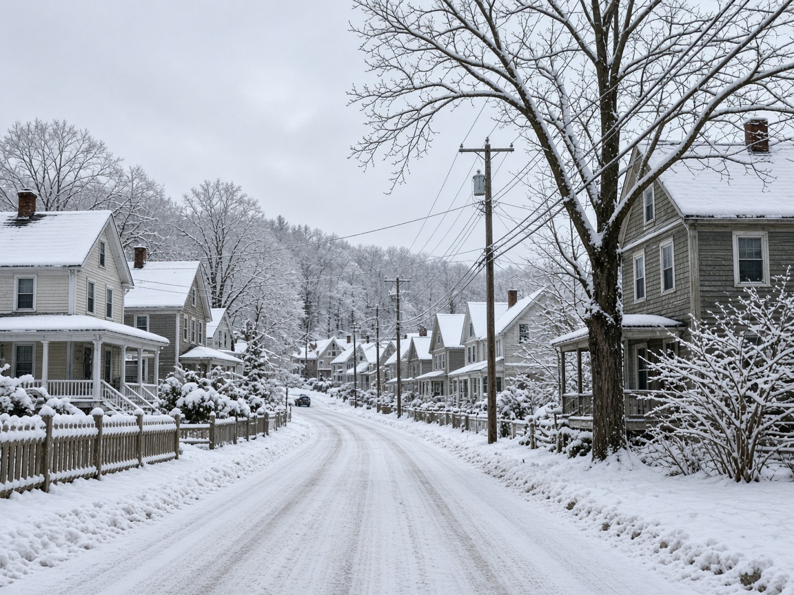 Quiet New England village street after a snowstorm