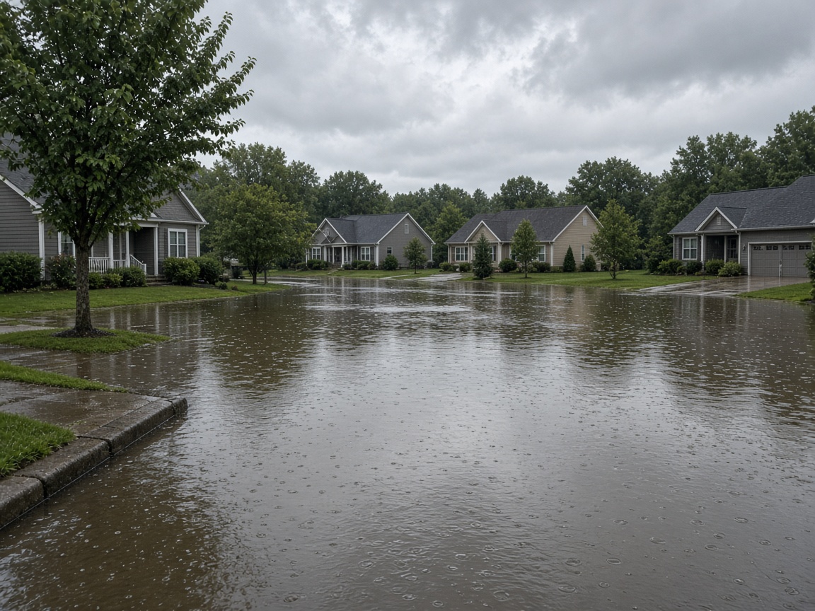 Flooded Midwestern cul-de-sac after a summer thunderstorm