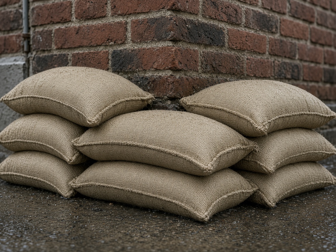 Canvas sandbags stacked against a brick home foundation