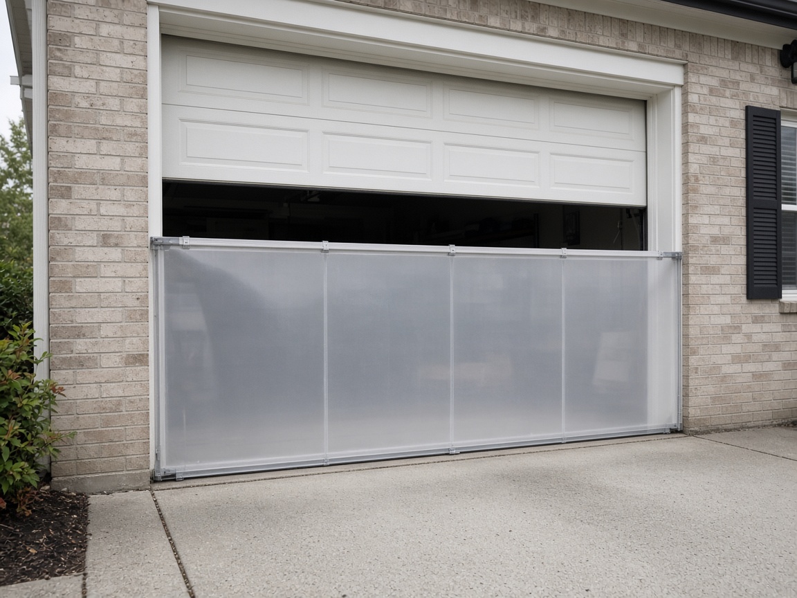 Removable flood barrier panel fitted across a residential garage