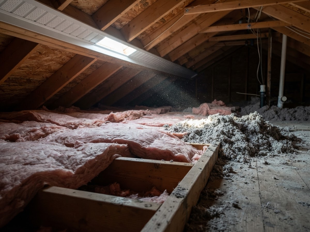 Unfinished attic floor with deep fiberglass insulation and clear ventilation baffles near the roof eaves.