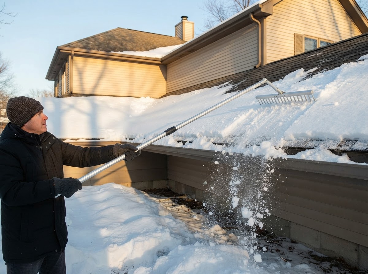 Homeowner clearing heavy snow from the lower overhang of an asphalt roof with a long-handled roof rake.
