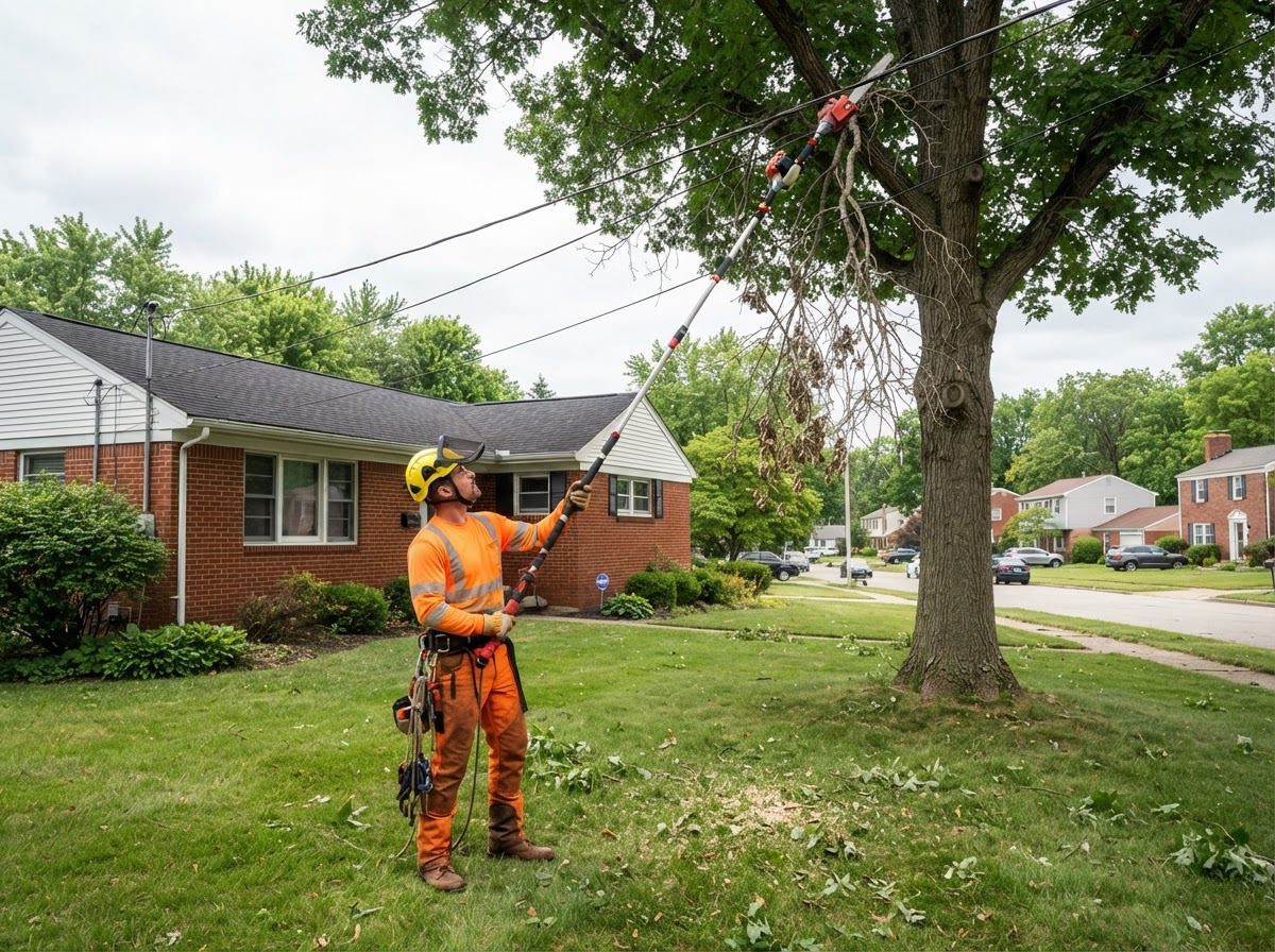 Certified arborist trimming dead tree branches away from a suburban home's roofline and power service.