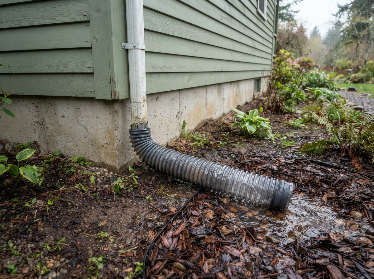 Residential downspout extender directing heavy rainwater away from a house foundation into a yard drainage swale.